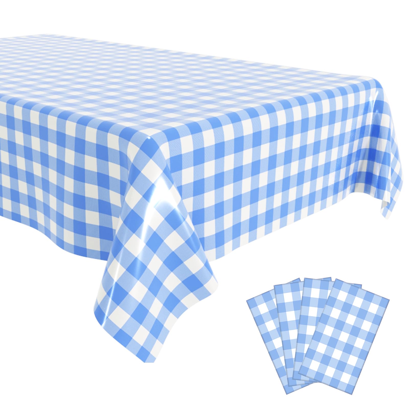 OLIVBIN 4 Pack Blue and White Checkered Tablecloth Blue Checkered Flag Tablecloth, Disposable Plastic Gingham Table Cover for Parties, Race Car