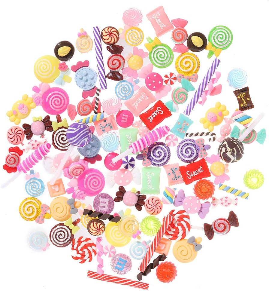 cc&ss 100 Pieces Super Cute Slime Charms Mixed Candy Sweets Resin Flatback Slime Beads Making Supplies for DIY Scrapbooking Crafts Assorted Colors and Shapes