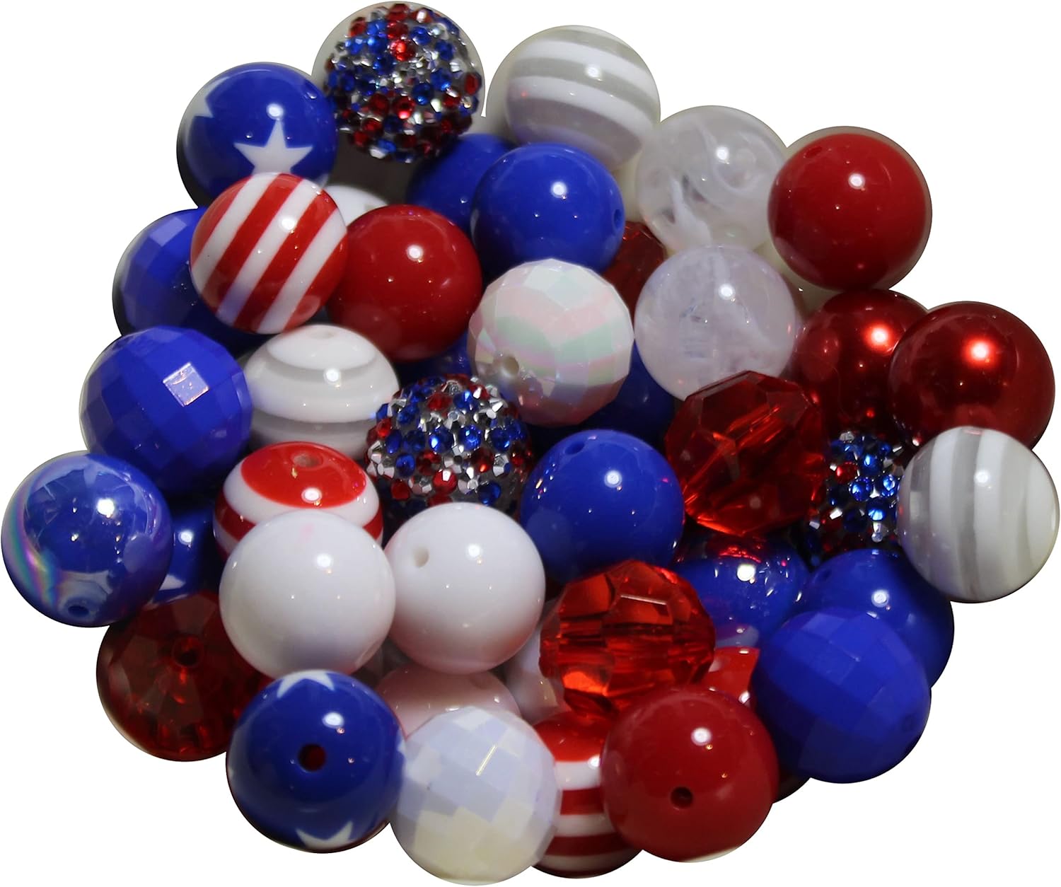 20mm Bulk Mix of 52 Red, White and Royal Blue Chunky Bubblegum Beads 10 Styles Acrylic Gumball Loose Beads Lot
