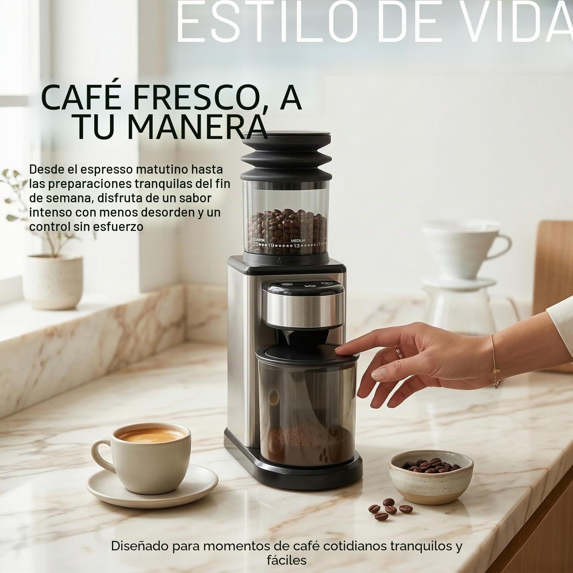 Molinillo de café eléctrico para el hogar, molinillo de cono de acero inoxidable, 25 grados de trituración, molinillo de café silencioso para espresso, café de filtro y jarra de