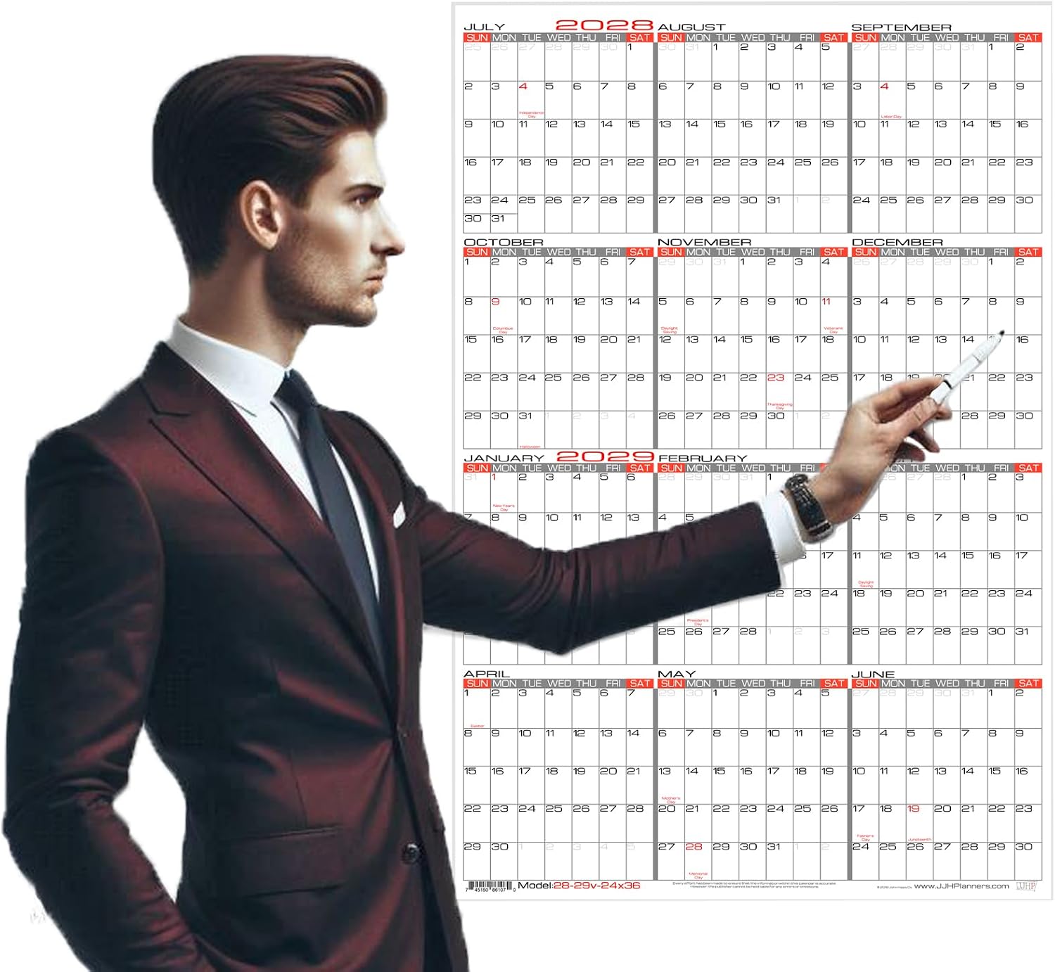 2027-2028 Laminated - 24" x 36" Large Academic Wall Calendar - Vertical 12 Month Yearly Annual Planner
