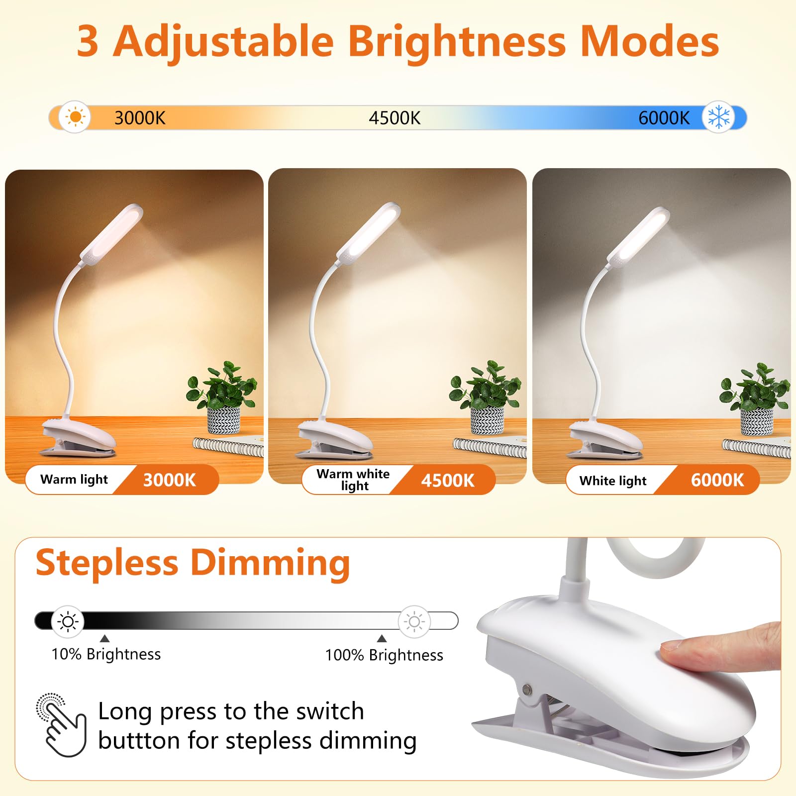 Lampada Da Lettura Ricaricabile Con Pinza | 3 Colori, Dimmerabile | Ideale Per Studio E Lavoro - Foto 14