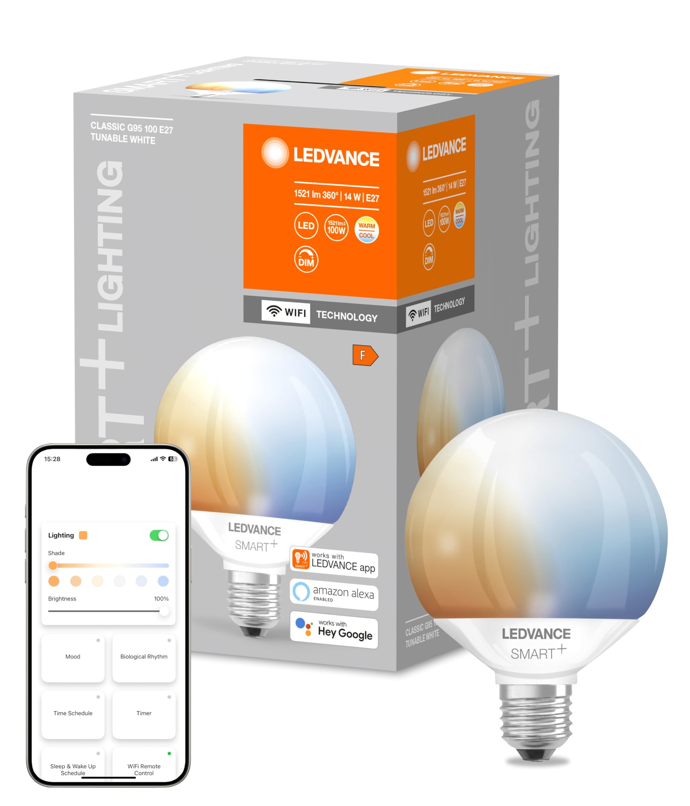 LEDVANCE Lampada Smart LED con Wifi, base E27, dimmerabile, colore della luce variabile (2700-6500K), forma a globo, opaco, controllabile con Alexa, Google e App, 1 confezione