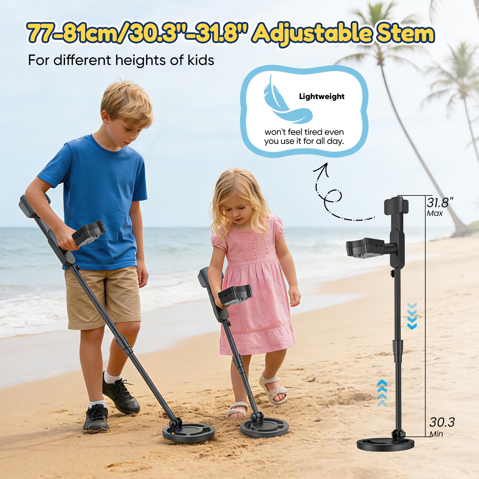 Metal Detector Bambini, Metal Detector per Bambino con Asta Regolabile, 2 Modalità Display LCD, Bobina di Ricerca Impermeabile, Ad Alta Sensibilità Metal Detector per Bambini con Borsa Pala Rastrello