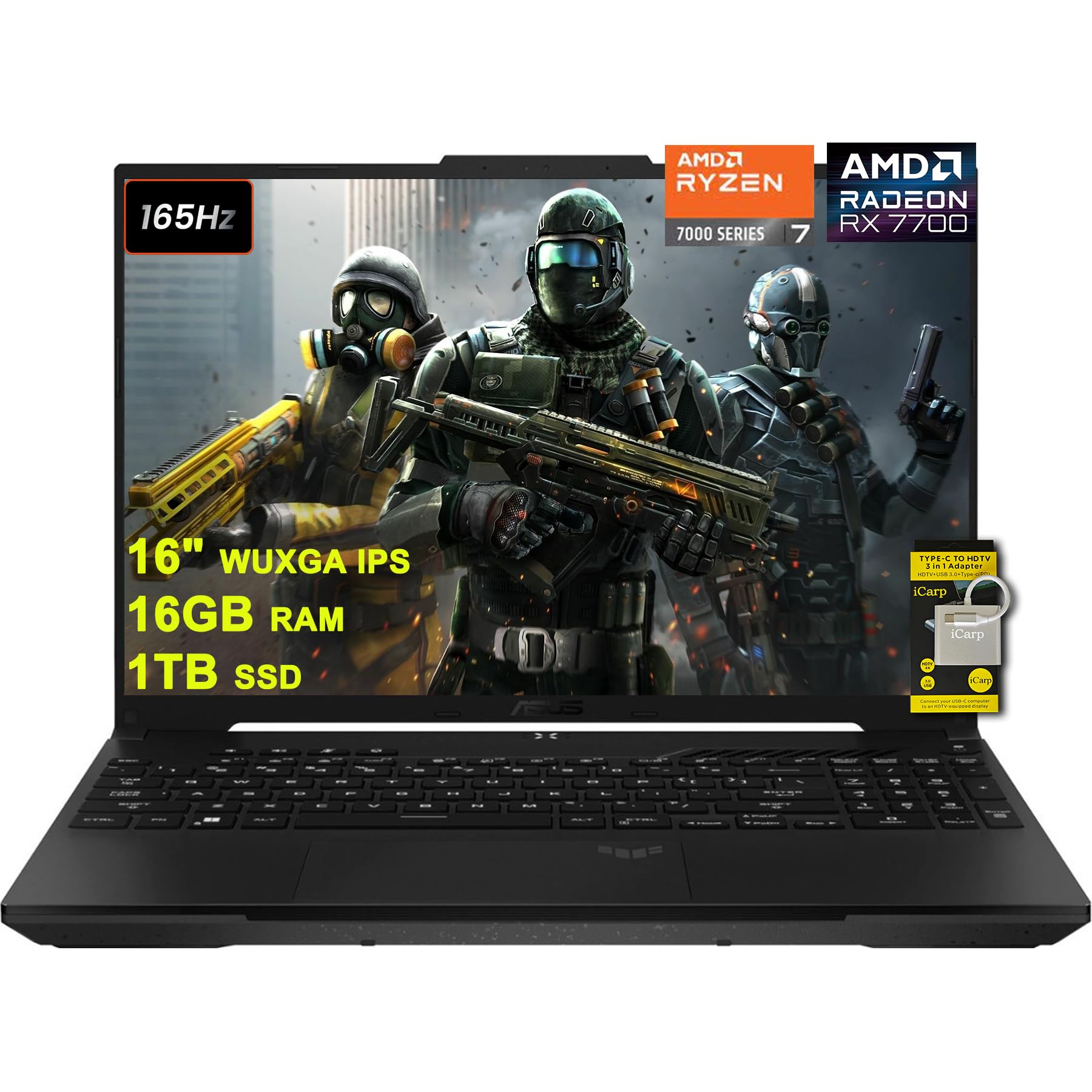 ASUS TUF Gaming A16 Laptop 16" WUXGA 165Hz 100% sRGB AMD 8-core Ryzen 7 7735HS 16GB RAM 1TB SSD Radeon RX 7700S 8GB (>RTX4060) Backlit USB4 Fast