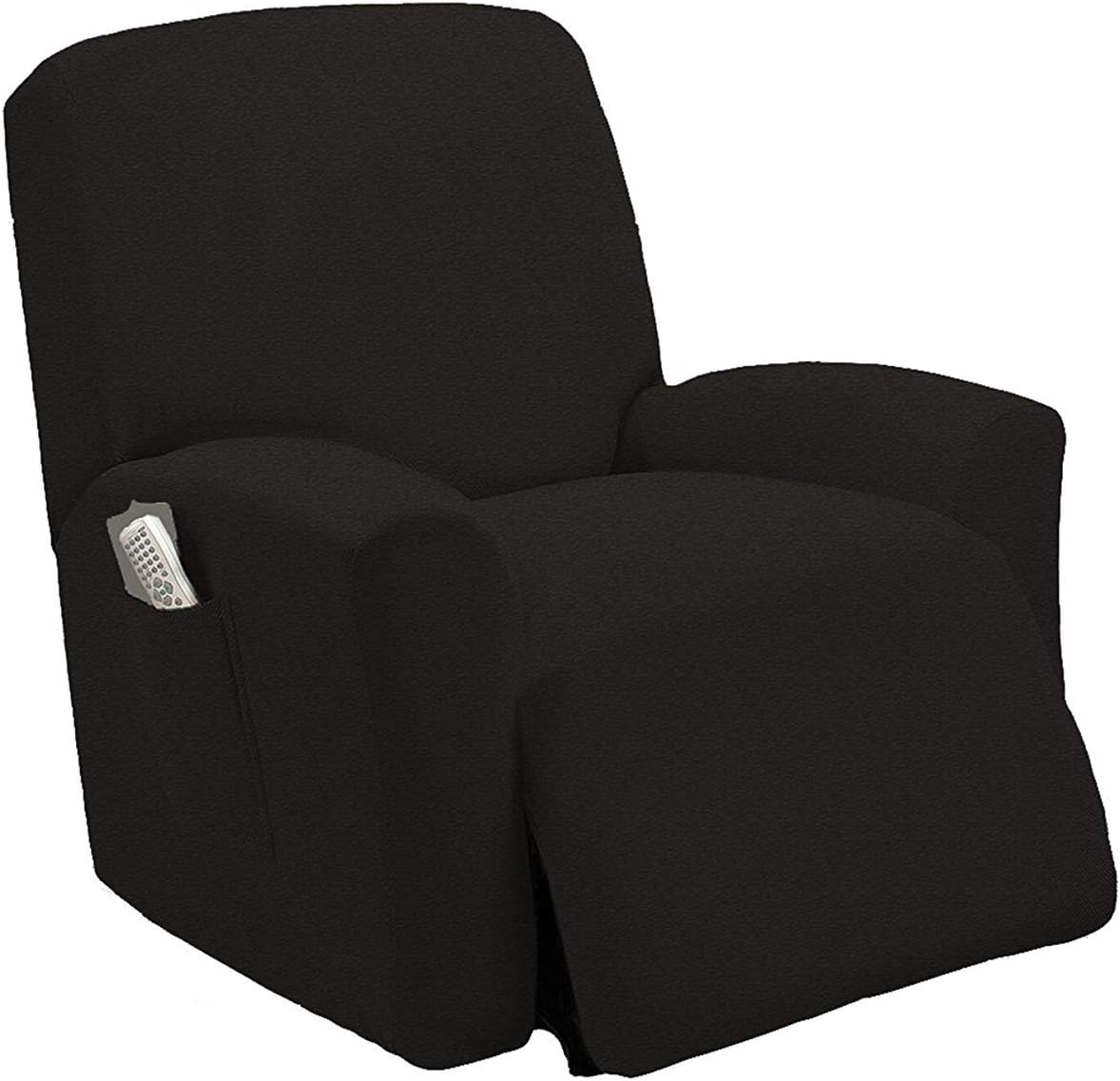 Stretch To Fit One Piece Lazy Boy Chair Recliner Slipcover, Stretch Fit Furniture Chair Recliner Cover With 3 Foam Pieces to Hid Extra Fabric, 4 ELASTIC STRAPS for Cover Stability (Black)