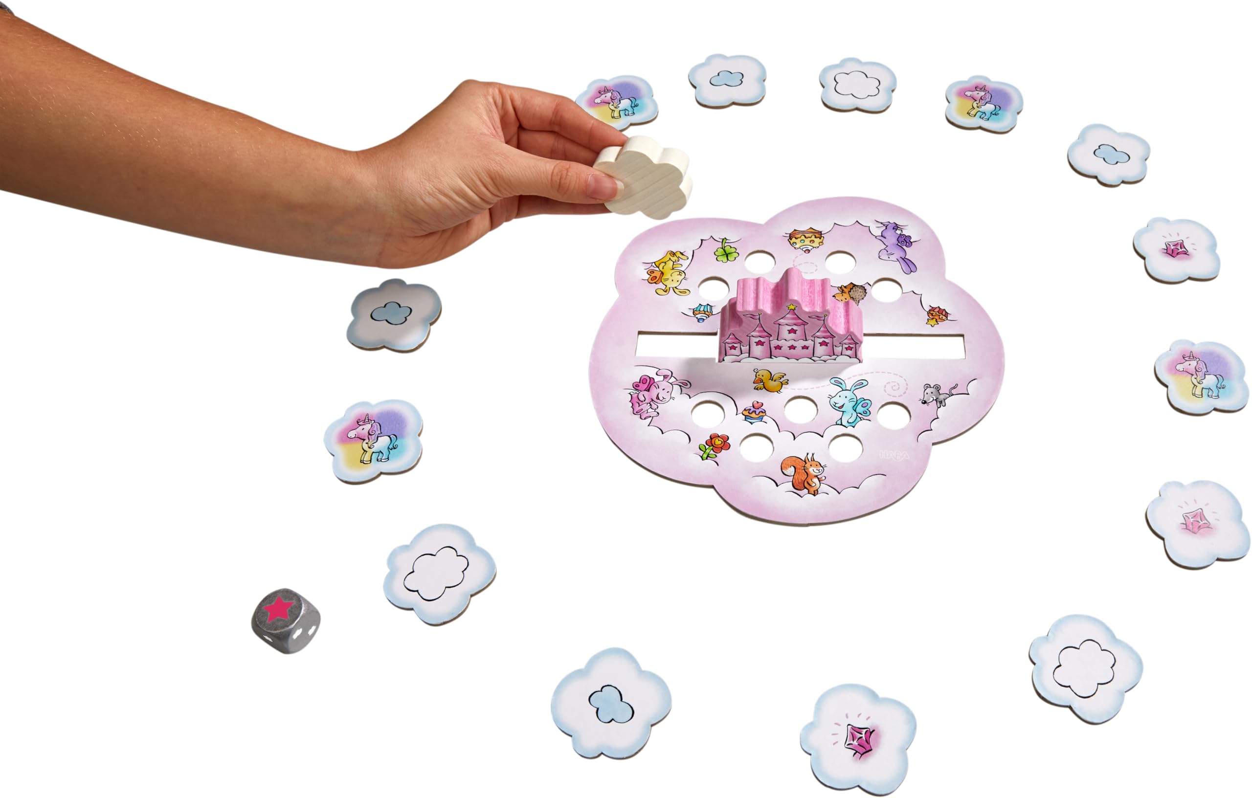HABA 2012232005 - Unicornio Destello – Torre de Nubes, Juego Infantil de Mesa cooperativo de Habilidad. Más 4 años
