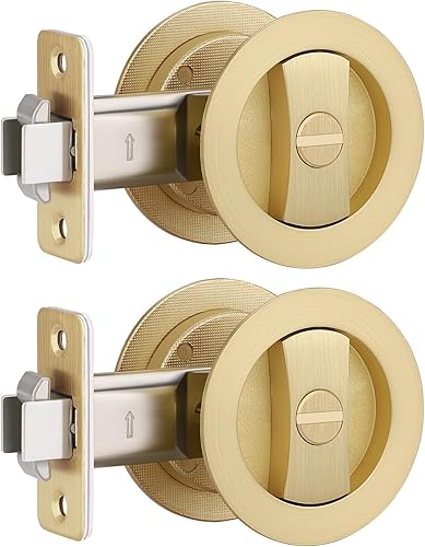 EHOMEWARE Paquete de 2 cerraduras de puerta de bolsillo de color dorado cepillado, herrajes para puerta de bolsillo sin llave, manijas de puerta de