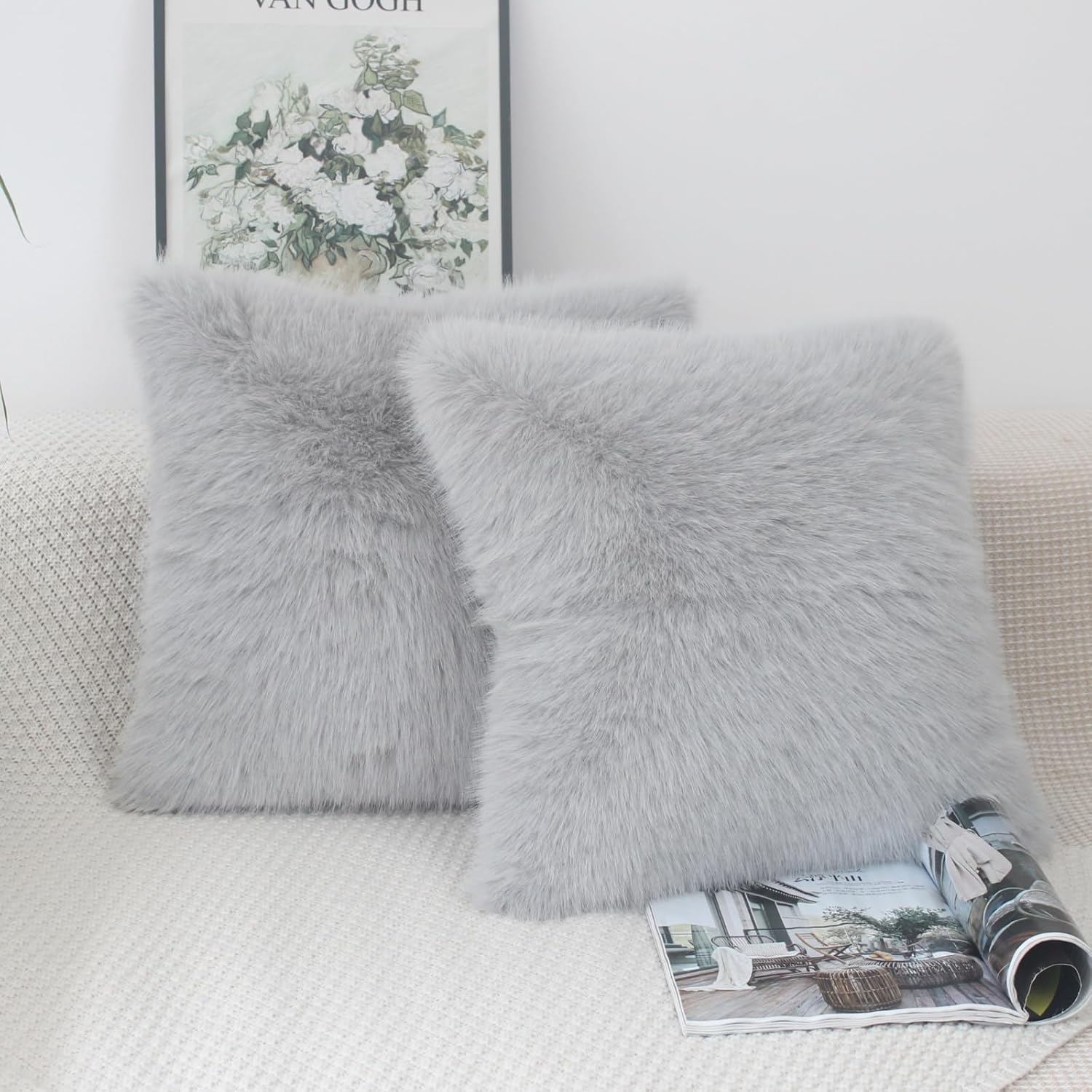 OYIMUA Gray Fluffy Throw Pillows Covers 20x20 Set of 2 Faux Fur Square Cushion Covers Decorative Pillows Cover Decor Pillow Cover Accent Neutral Couch Pillows for Living Room Bed