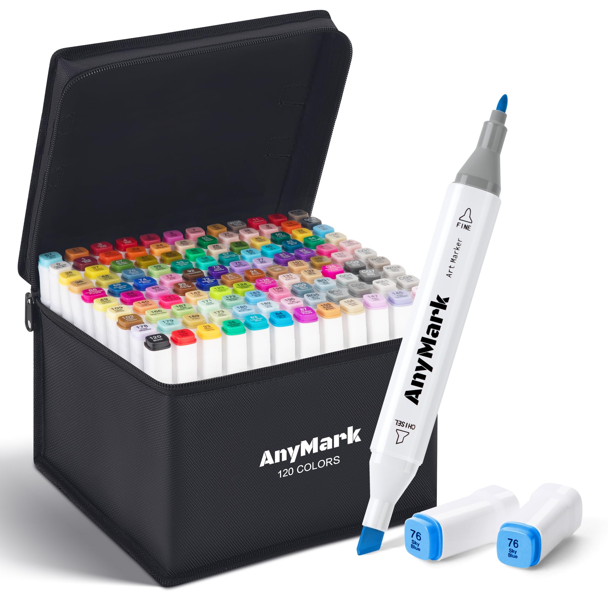 AnyMark 120 Farben Alkohol Marker, Doppelspitze Alkoholmarker mit Meißel- & Feinspitzen, zum Zeichnen, Ausmalen & Skizzieren, mit weißem Schaft