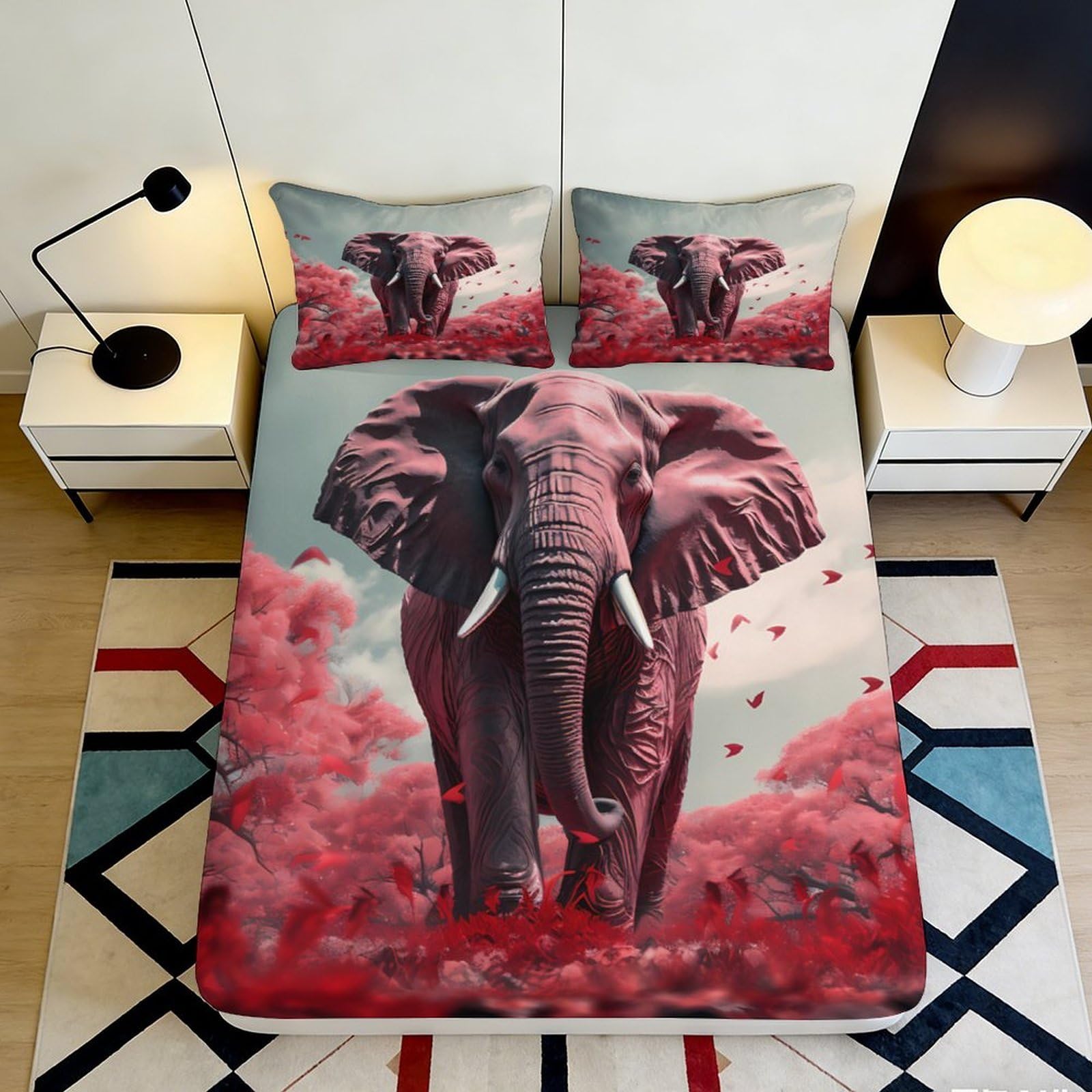 3D Printed Majestic Elephant Fitted Sheet Microfiber Soft Pink Forest Bed Cover for Bedroom Dorm Mattress Decor 90x200x25cm