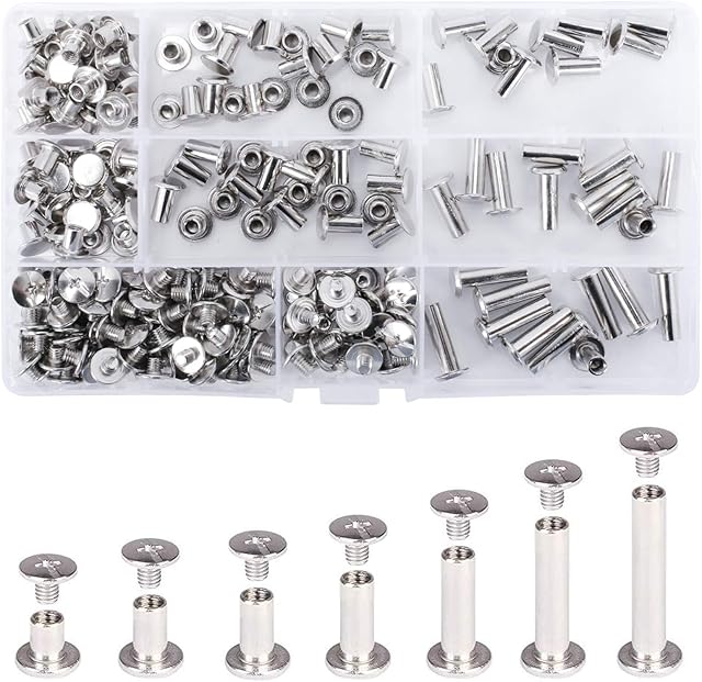KJLEEN 230pcs Chicago Screws Assorted Kit 9 Sizes 4/5/6/8/10/12/15/18mm Metal Chicago Book Binding Screws Silver Nail Rivet for Leather Belt DIY Scrapbook