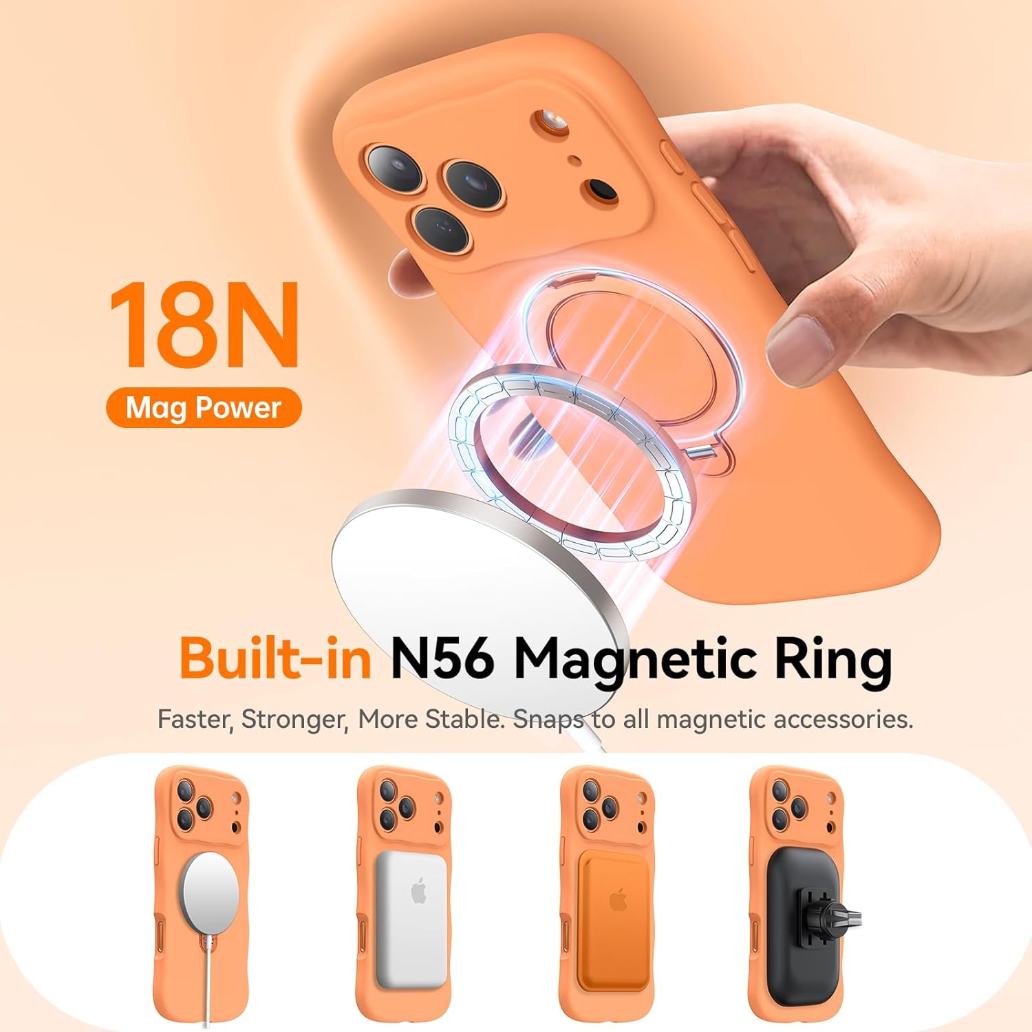 360 Spin Silicone Stand Cover for iPhone 17 Pro Case [Cute Wavy & Full Camera Protection] Fit for MagSafe Shockproof Women Girl Phone Case for iPhone 17 Pro 6.3", Cosmic Orange - Image 5