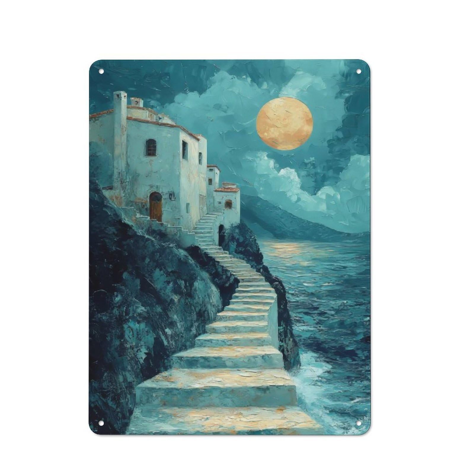 Country Country Metal Sign 40x30cm Featuring Moonlit Coastal Village, Rustic Kitchen Decor for Cottage, Kitchen, Hallway Or Breakfast Nook
