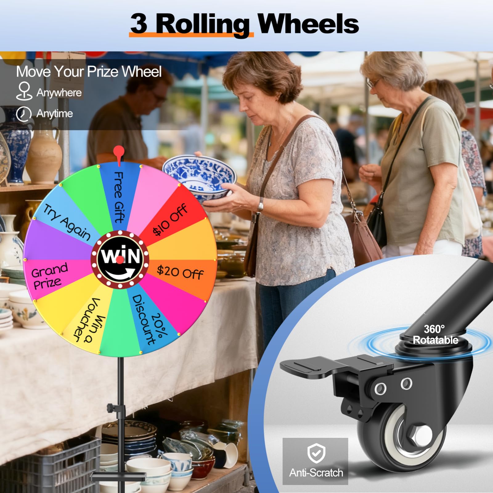 61 cm Glücksrad, 14 Farben Abnehmbarer Drehendes Preisrad mit 360°-Drehrollen, EMART Glücksrad zum Drehen Groß Kritzelspiel mit Verstellbarer Stativständer 86-152cm