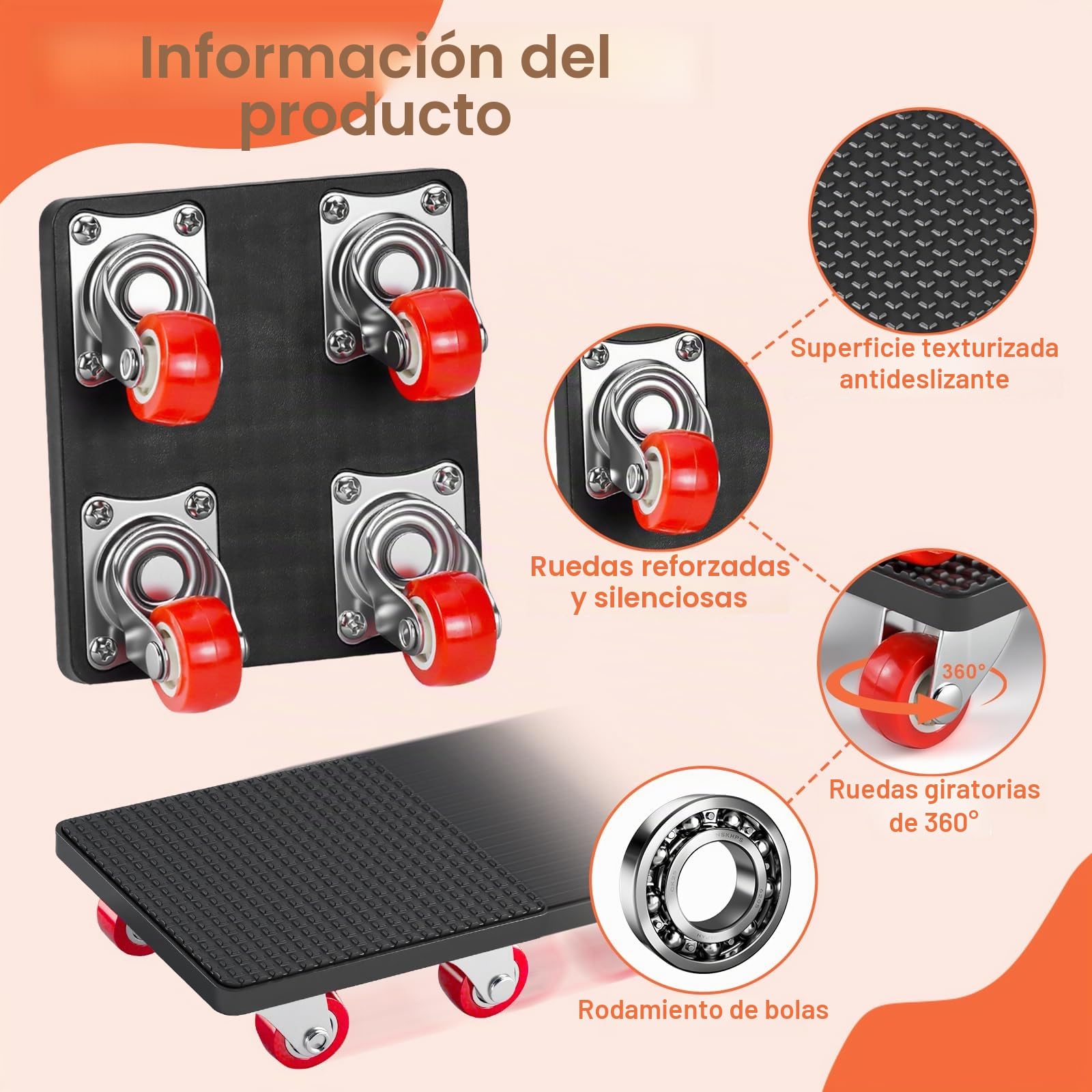 Kit Eelevador de Muebles Pesados, Juego de Ruedas de Transporte para Muebles, Transportador de Muebles con 4 Ruedas y Elevador, Carga Máxima 500kg, Ruedas para Mover Muebles y Objetos Pesados