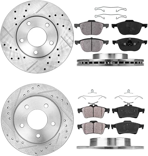 Callahan CDS02201 - Rotores delanteros de 10.937 in + traseros de 10.425 in DS de 5 lengüetas 4 rotores + almohadillas de freno de cerámica + clips