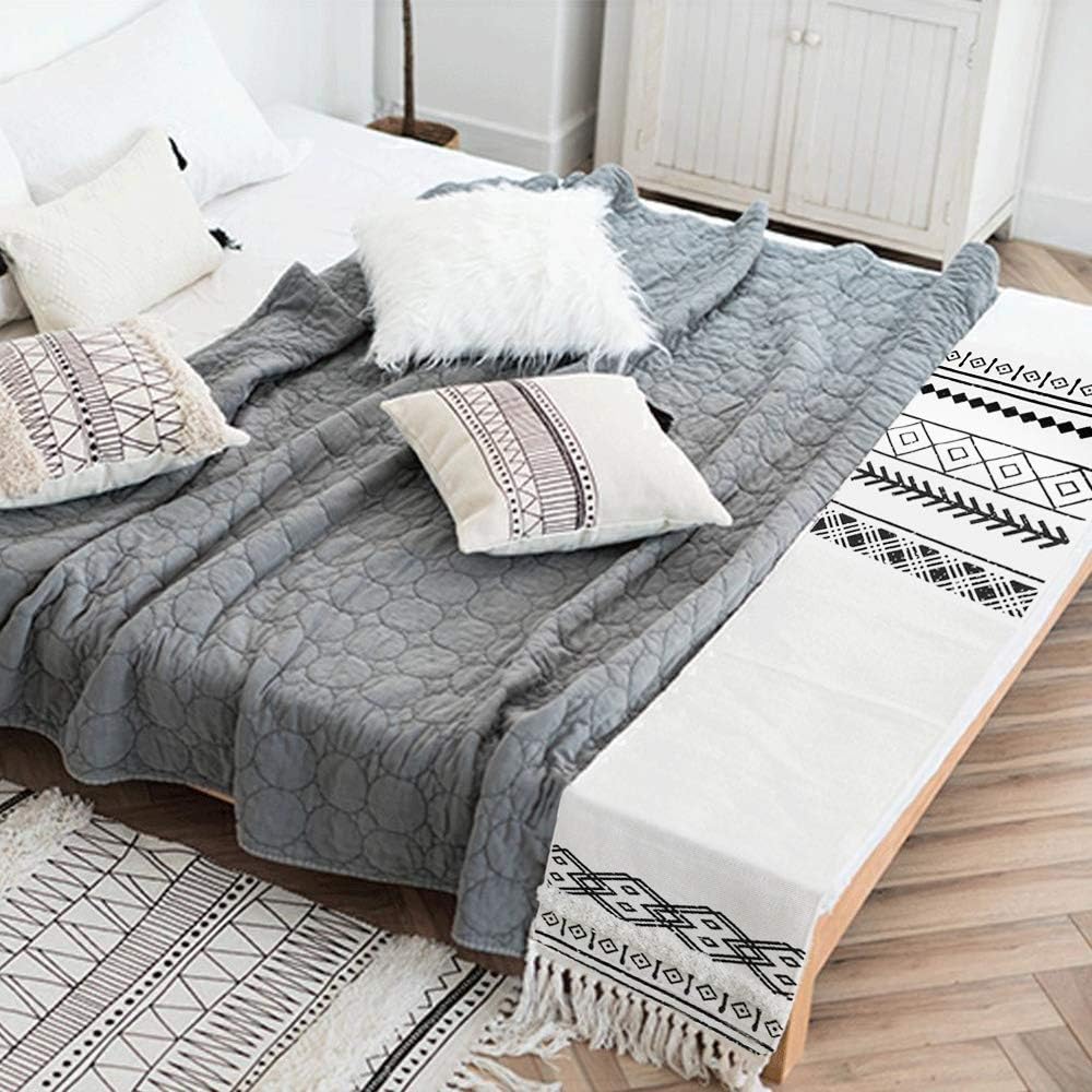Moroccan Fringe Table Runner 14 in x 87 in, KIMODE Farmhouse Bohemian Geometric Cotton Handmade Woven Tufted Tassels Dinning Table Linen Machine Washable Minimalist Home Decorative, Black and White