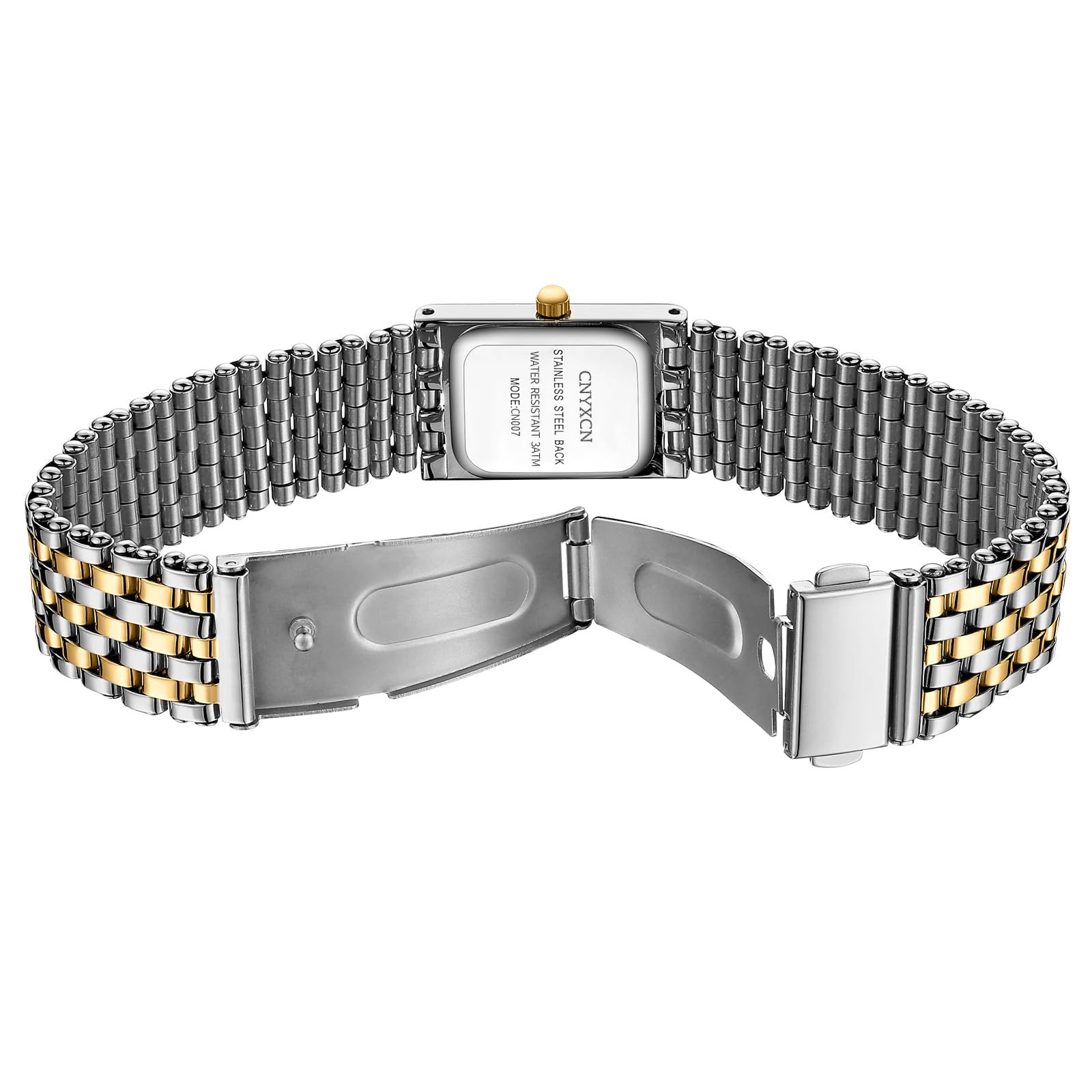 CNYXCN Reloj de pulsera cuadrado de cuarzo para mujer con correa de acero inoxidable, herramienta de ajuste de pulsera incluida, Dorado, plateado y dorado