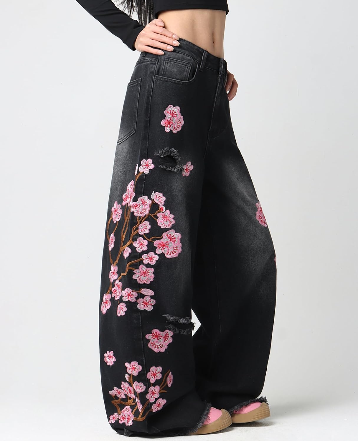 Women Baggy Jeans Vintage Floral Embroidery Wide Leg Denim Pants Y2K Hip Hop Streetwear Long Trousers