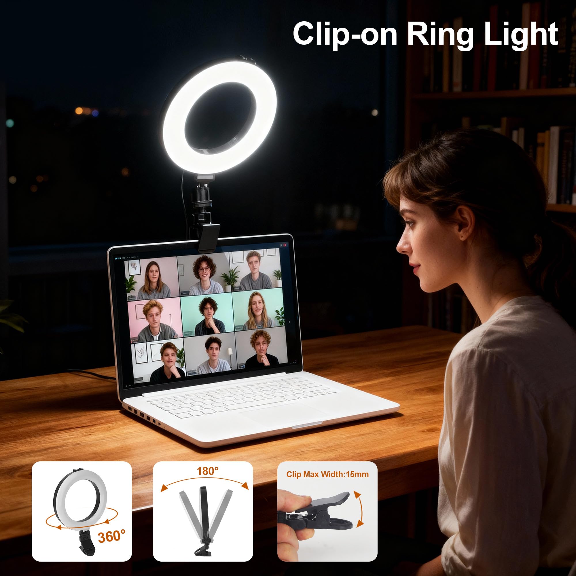 Luce ad anello con treppiede, anello a LED da 6 pollici, con 3 colori di luce e 10 livelli di luminosità, lampada selfie per computer portatile, ideale per videoconferenze, streaming, zoom, Youtube