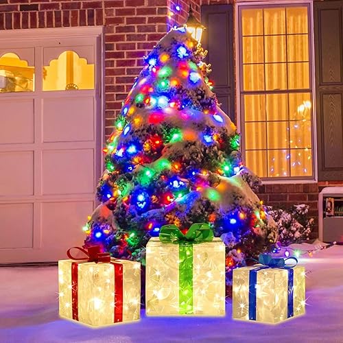 Miniatura 5 de Paquete de 3 cajas de regalo iluminadas con 70 luces LED de Navidad, decoraciones navideñas para interiores y exteriores, adorno de falda de árbol