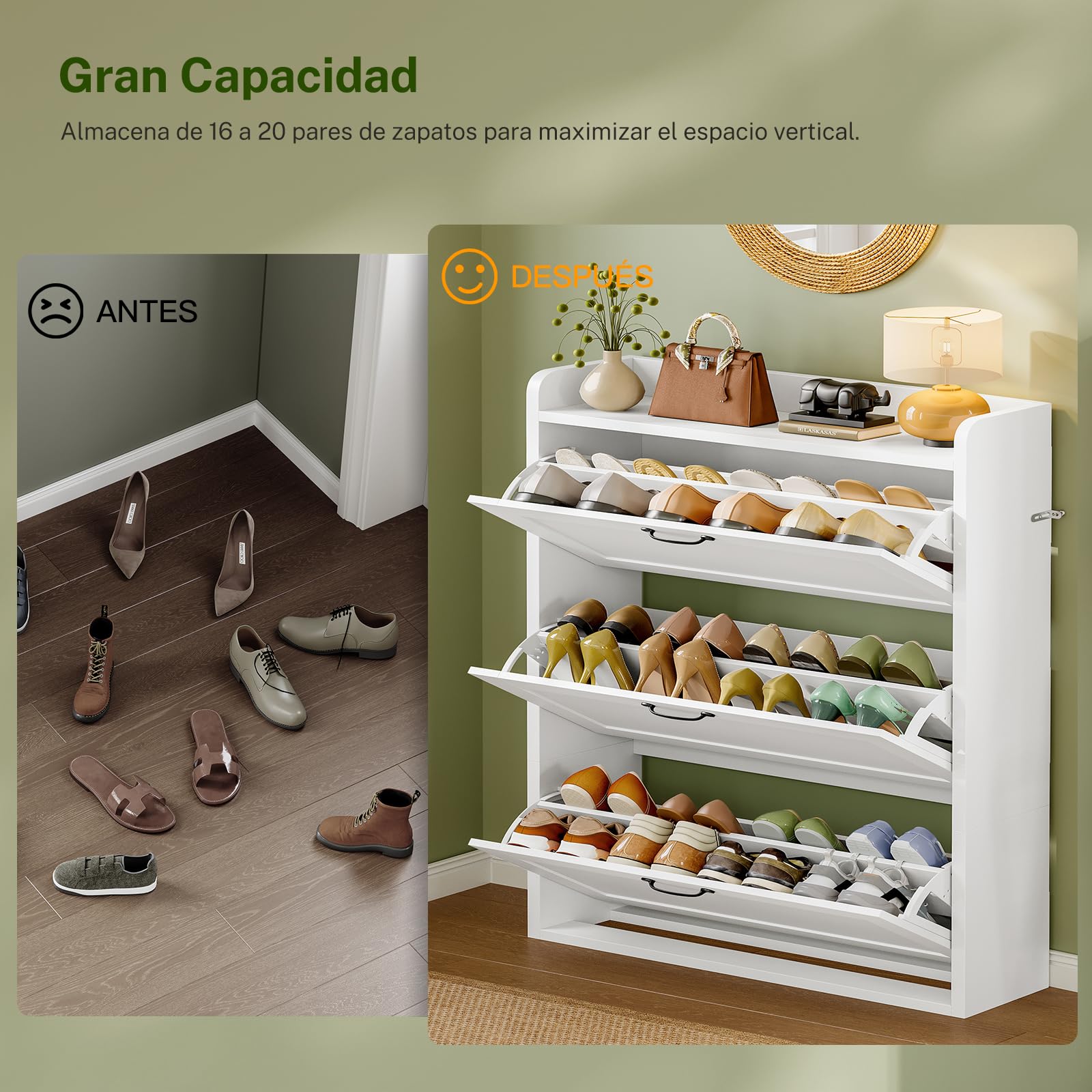 TEENFON Mueble Zapatero Recibidor Estrecho – 80 cm de Ancho, Armario Zapatero con 3 Solapas y Estantes Ajustables, para 18–24 Pares de Zapatos, Apto para Pasillo, Recibidor, Dormitorio, Blanco