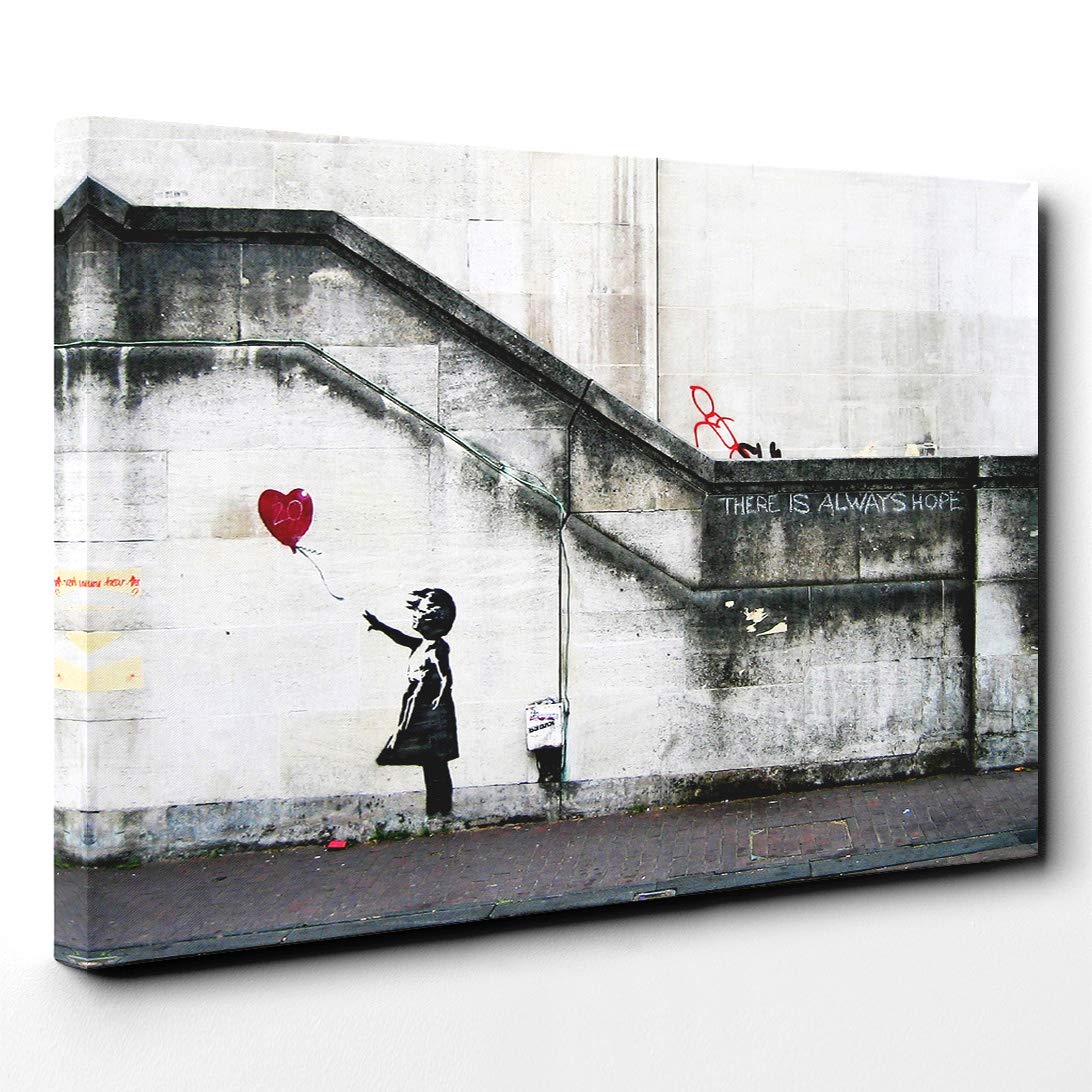Banksy Girl with Balloon Graffiti Wall Art Canvas Print | Gallery Wrapped 30mm Frame Wall Decor | 20x14 inches | Ready to Hang | Pop Art People Picture | Living Room Bedroom Lounge Office