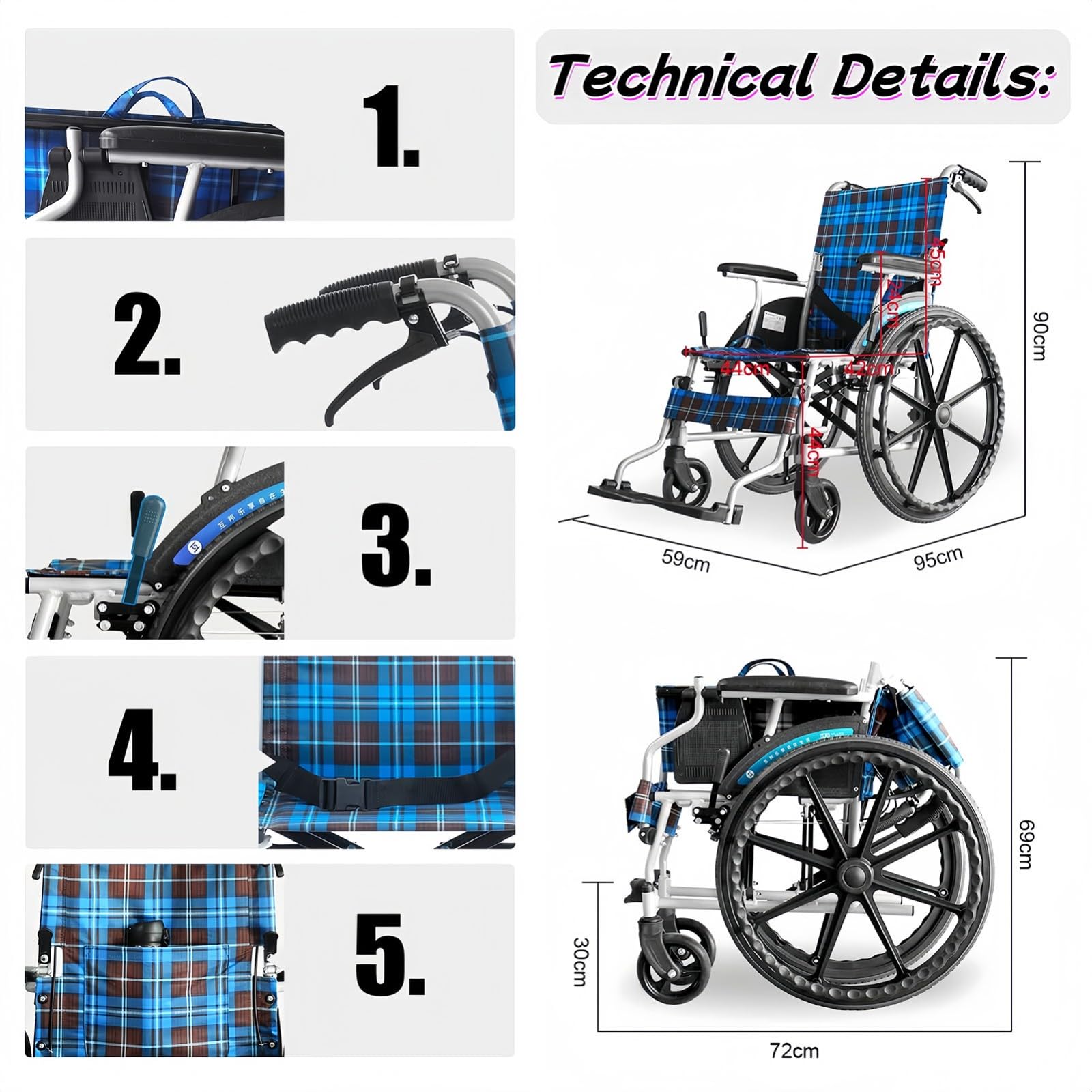 Silla de Ruedas Silla de Ruedas de Viaje Ligera de Aluminio Plegable, Sillas de Ruedas autopropulsadas Livianas para discapacitados y Personas Mayores A