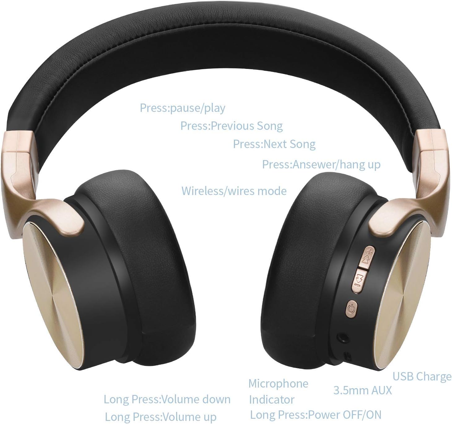 Frее Shірріng 🛒 Riwbox BN5 Bluetooth Headphones Over Ear, Folding Stereo Headphones Wired Wireless with Mic Compatible for iPhone/iPad/TV/PC/Online Class/Home Office (Black&Gold)