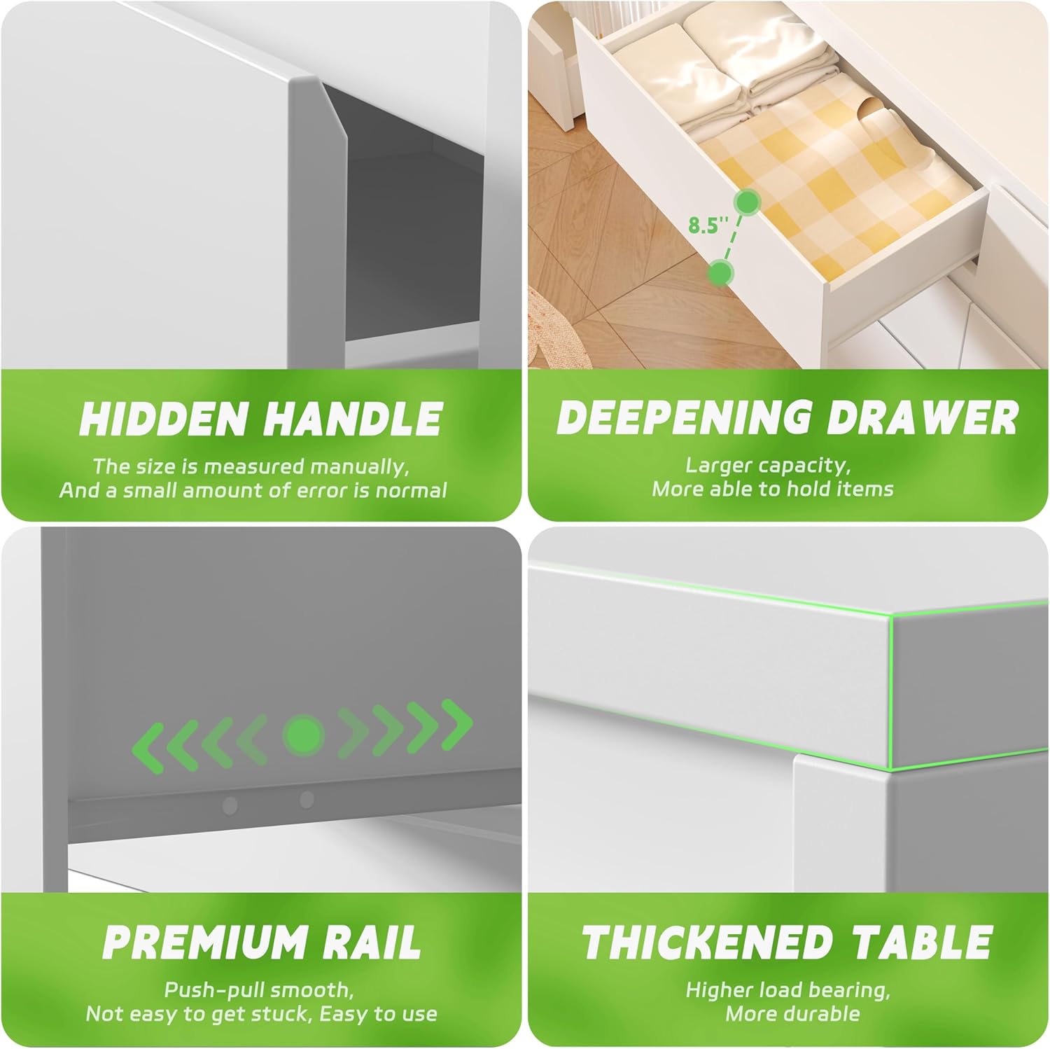 Close-up details of the Greenvelly dresser: hidden handle, premium drawer rail, deep drawer, and thickened tabletop.