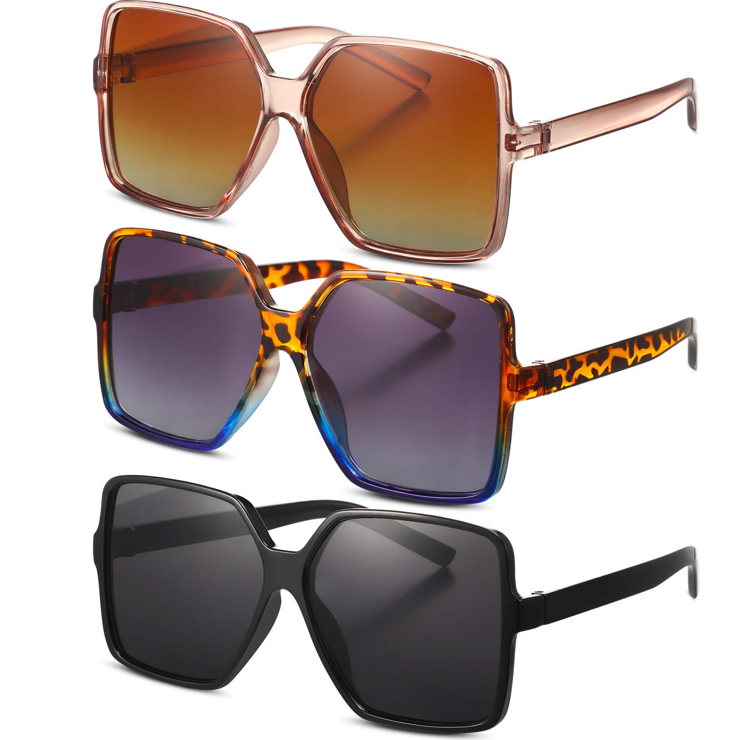 3 Pairs Oversized Square Sunglasses for Women Big Large Wide Vintage Shades for Men Unisex