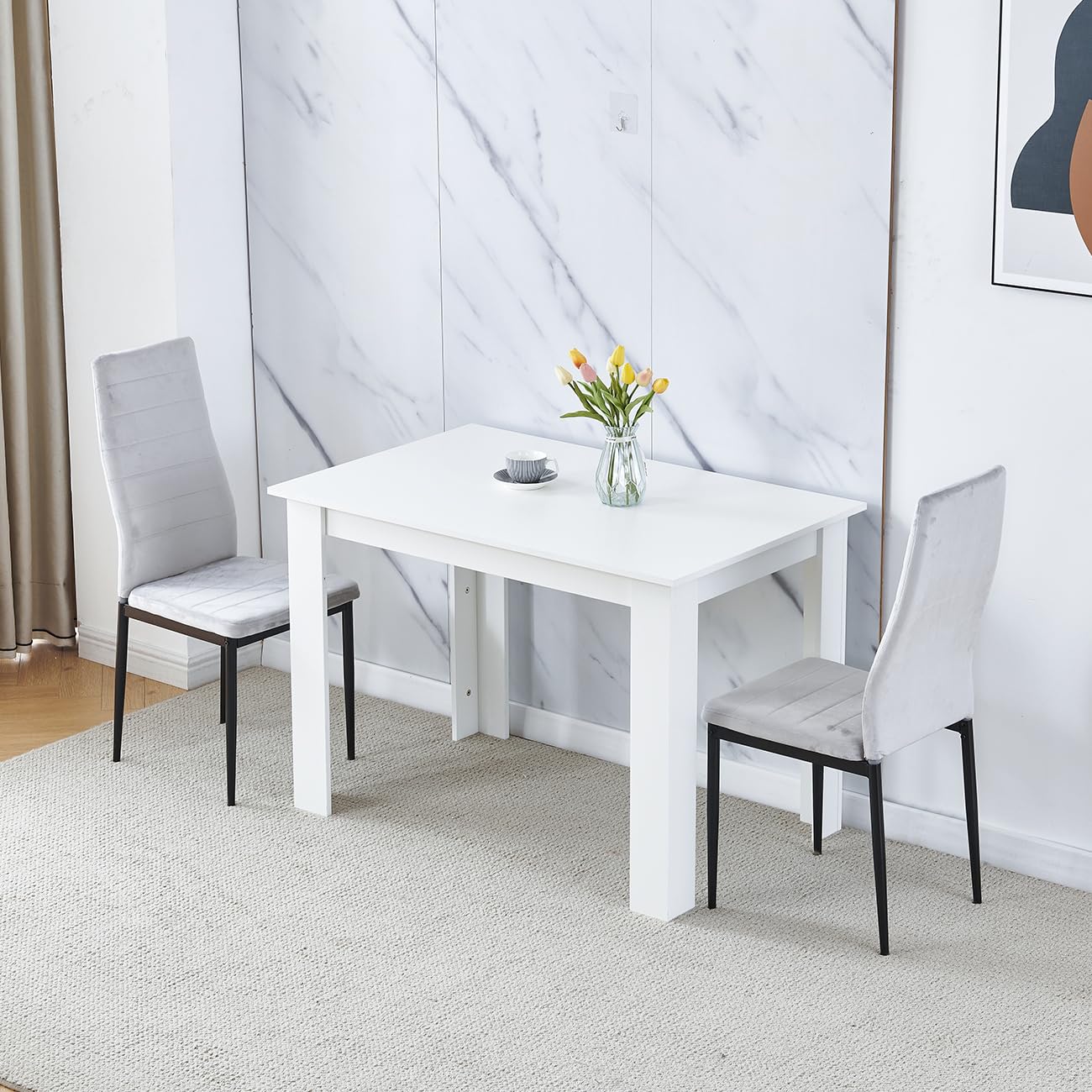 Homullel 110cm Dining Table and 2 Chairs, 2 Seater Kitchen Table and Chairs Set for Space Saving, Compact Dining Room Set for 2, 110x70 cm, Wooden, White (2 Seaters, Flannel Grey) — image 1