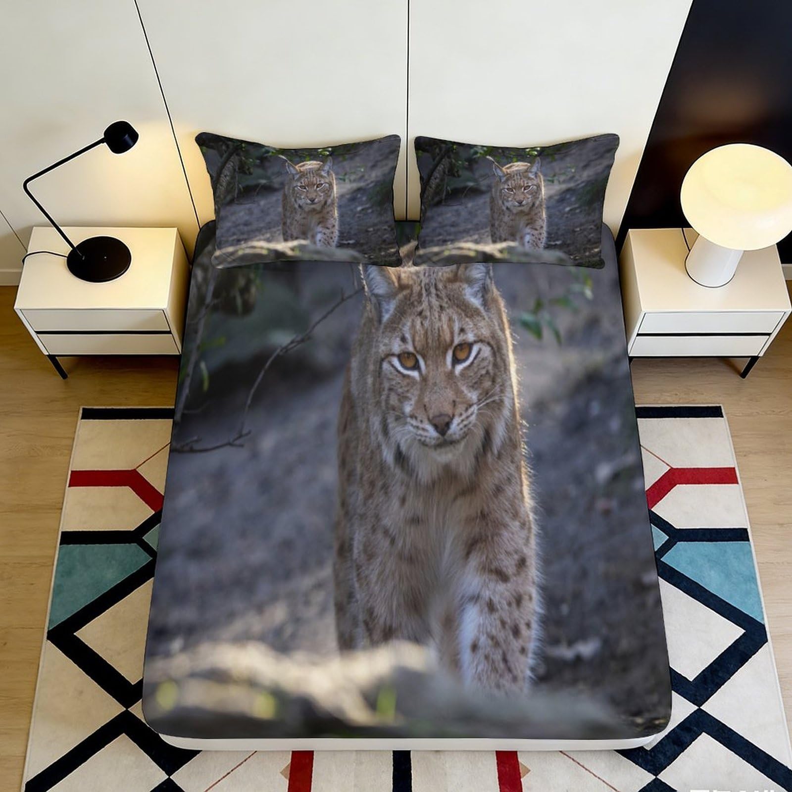 3D Printed Lynx Pattern Fitted Sheet Microfiber Soft Durable Wild Cat Bed Cover for Bedroom Dormitory Guest Room Mattress Protection and Decoration 160x200x25cm