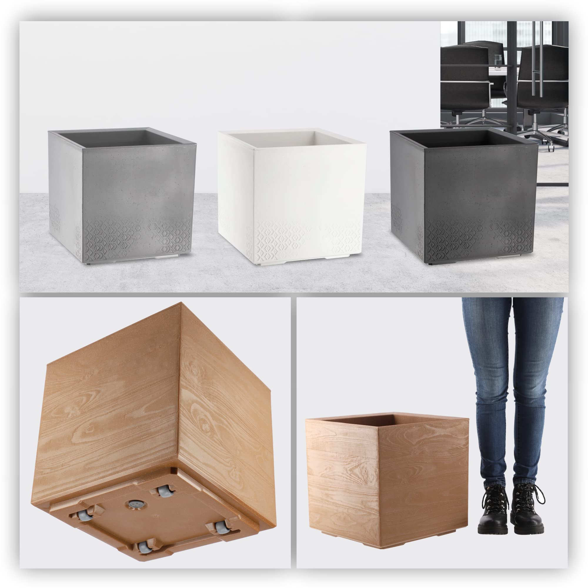 KADAX Maceta con ruedas, 39 x 40 cm, gran maceta de plástico con aspecto de madera, maceta cuadrada con inserto para interiores y exteriores (marrón)