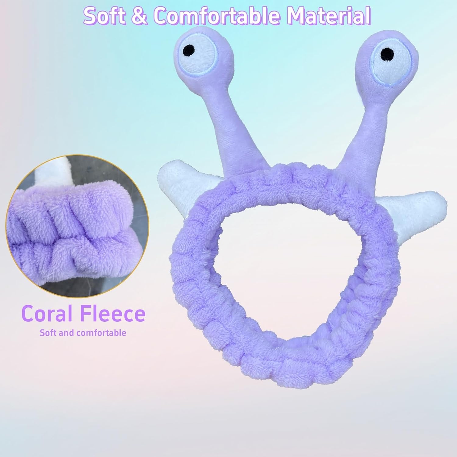 Snail Headband for Women & Girls,Cute Coral Fleece Elastic Spa Headband for Face Wash,Skin Care,and Makeup (Purple) - Image 3