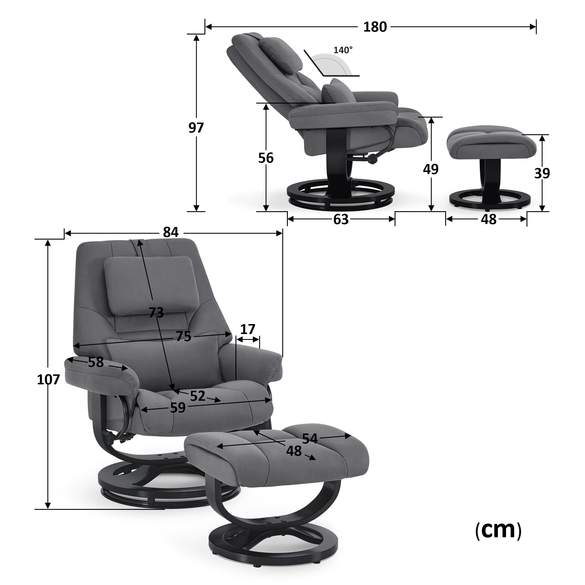 M MCombo Relaxsessel mit Liegefunktion, Lesesessel, 360° Drehbarer Fernsehsessel mit Hocker, mit Verstellbares Kopfkissen, Lendenkissen & Seitentasche, TV-Sessel für Wohnzimmer, 9046