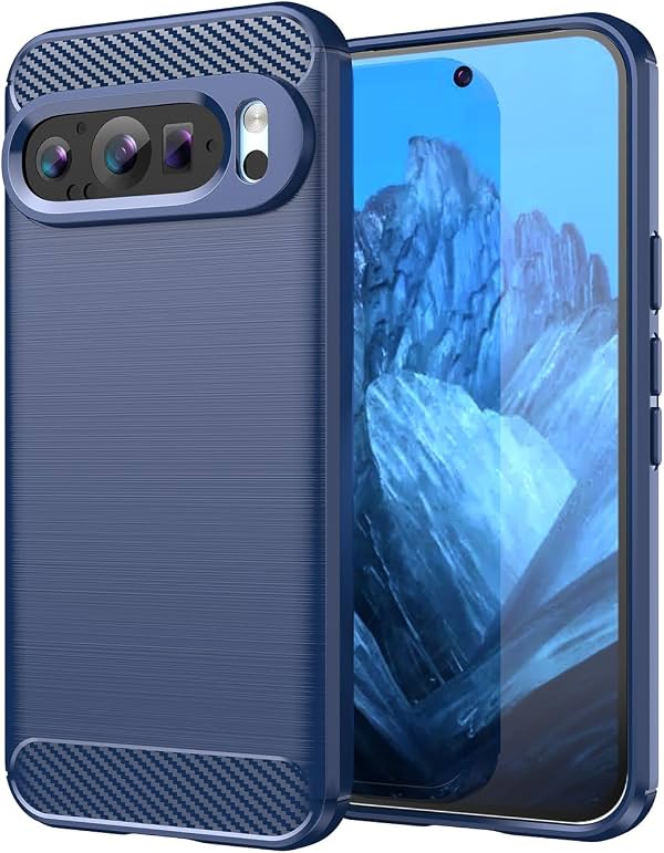 Funda para Google Pixel 9 y Pixel 9 Pro, TPU con fibra de carbono, silicona suave con bordes protectores, antiarañazos, a prueba de golpes, resistente, para Google Pixel 9/Pixel 9 Pro (Azul Lasi)