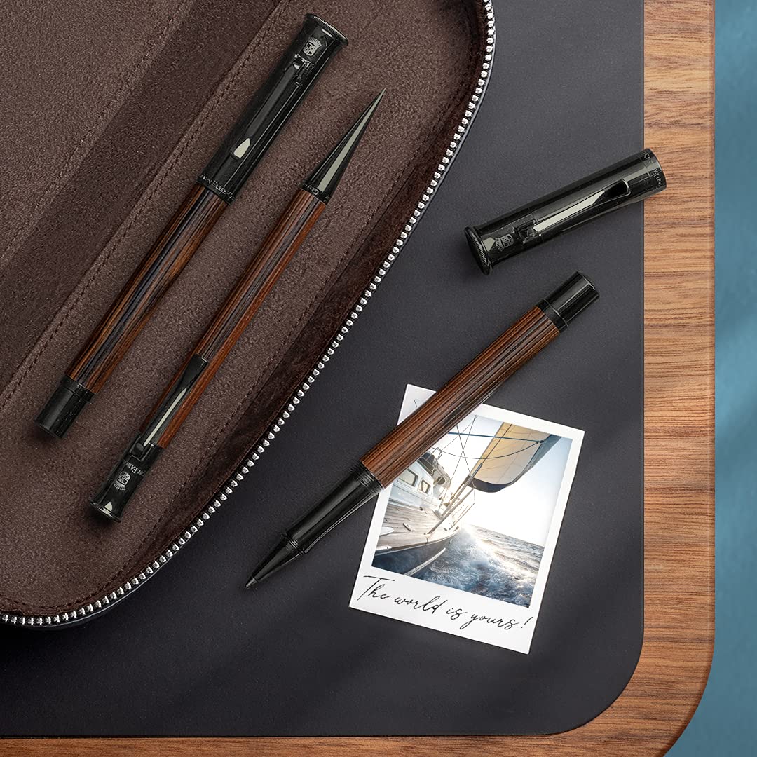 Graf von Faber-Castell - pióro kulkowe Classic z drewna makassar | Trzonek z drewna makassarskiego z powłoką tytanową PVD i szybko schnącym czarnym atramentem