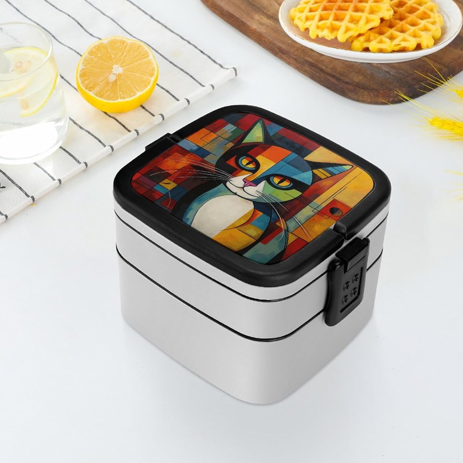 Adults Lunch Box Adult Bento Box Stackable Bento Box BPA-Free Cat Face Abstract Lunch Box Food Container Ideal for Meal Prep, Work, And On The Go