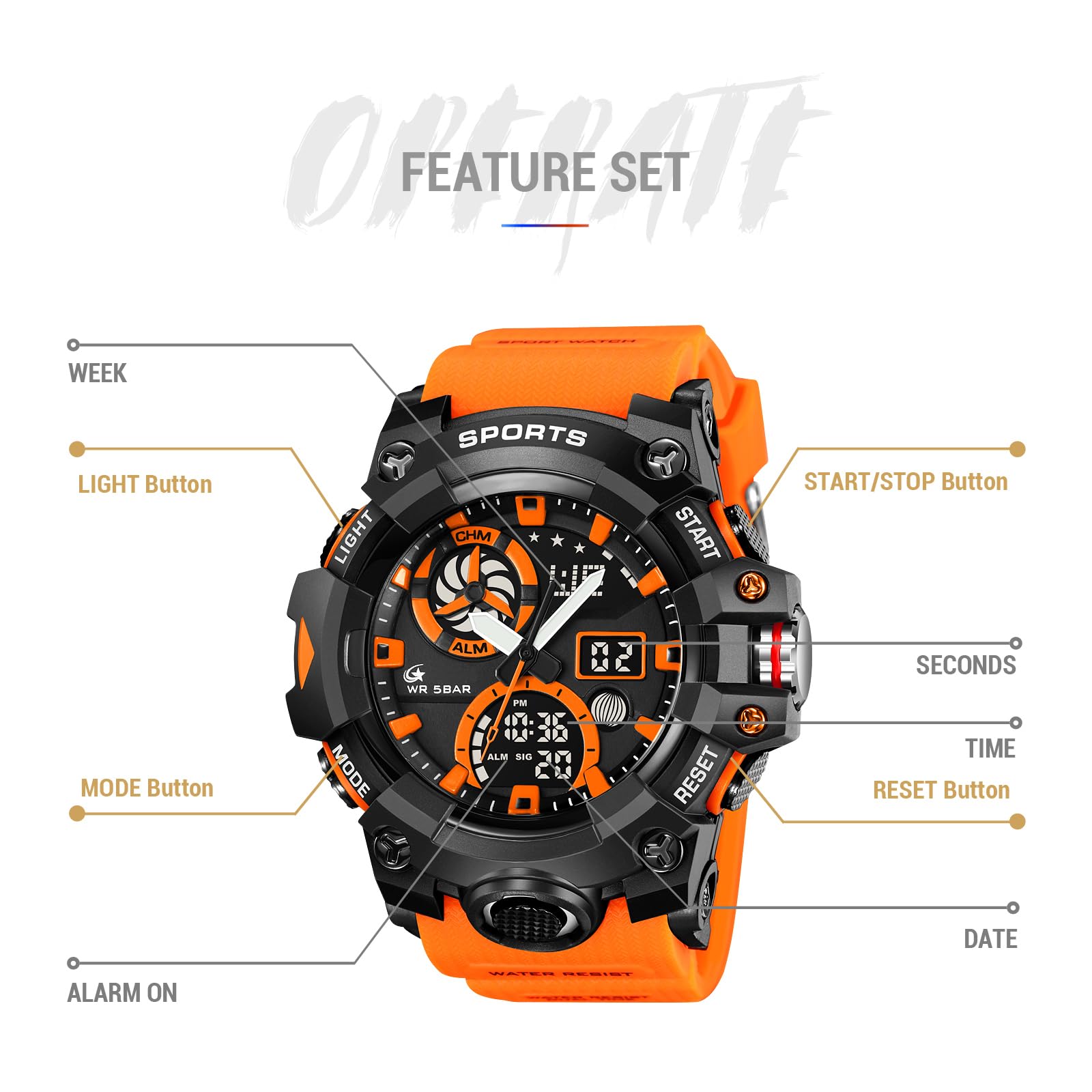Orologio analogico digitale da uomo, sportivo, arancione, robusto, quadrante grande, doppio quadrante, retroilluminazione a LED, sveglia, cronometro, orologio da polso per allenamento, escursionismo