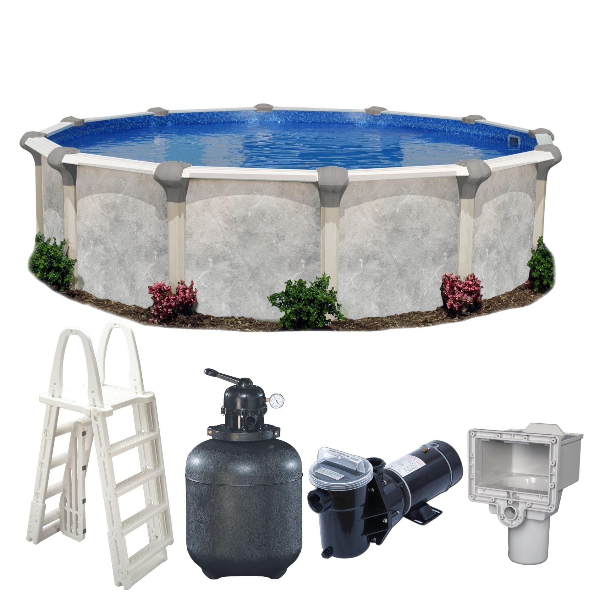 Tahitian 12 Foot x 52 Inch Round Hard Sided Resin Frame Swimming Pool Package with Liner, Filter, Pump, Ladder, and Skimmer, Beige
