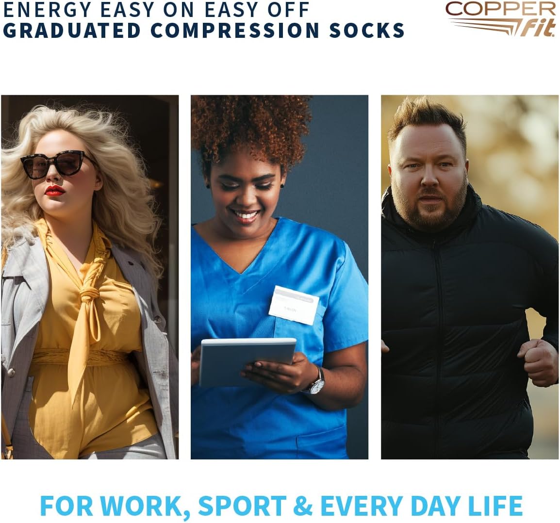 Copper Fit Energy Graduated Wide Calf Compression Socks for Men & Women – Easy On, Easy Off, For Circulation & Swelling Relief – Ideal for Travel, Nurses, Running, & Recovery