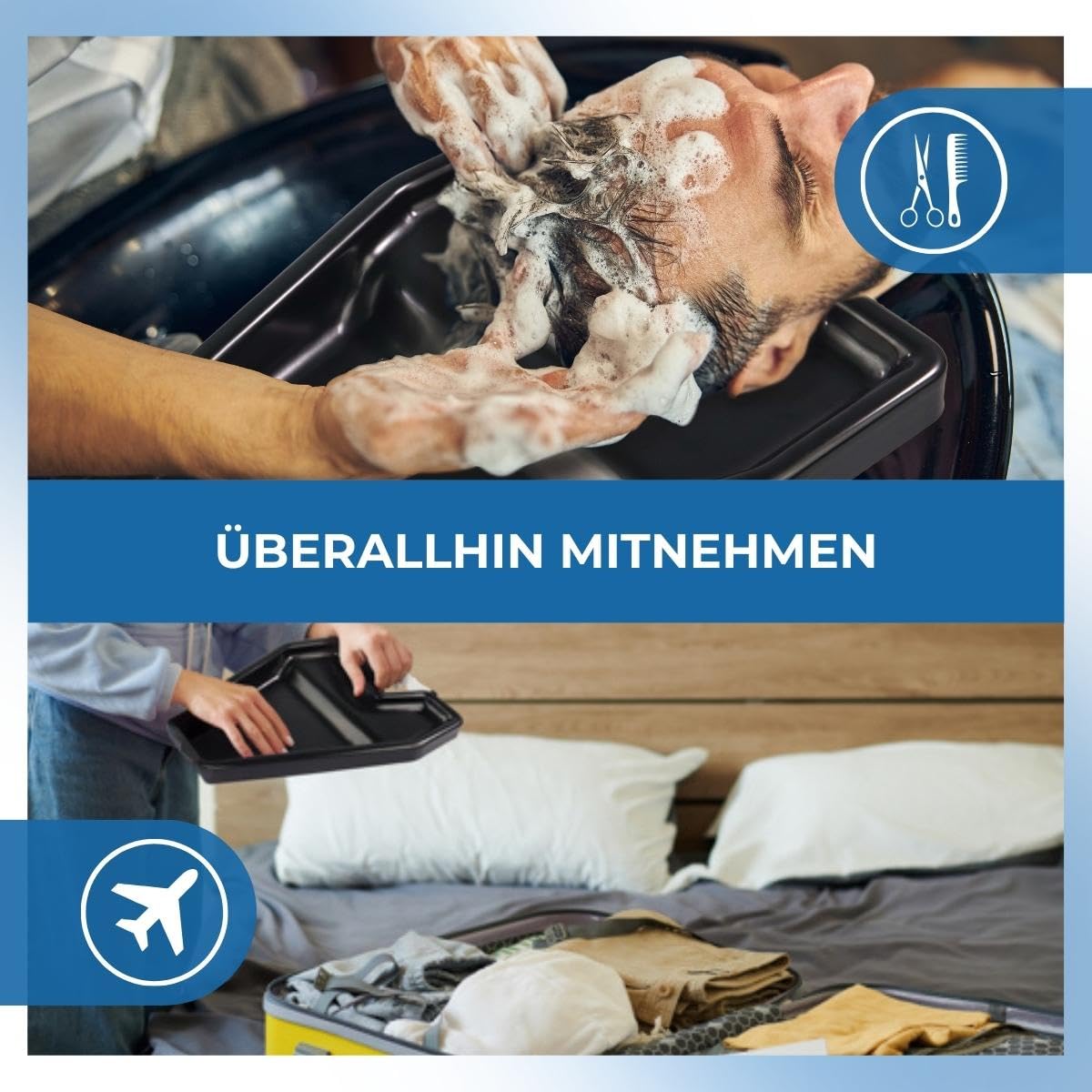 Mobiclinic®, Mobiles haarwaschbecken für Rollstuhl, Menschen mit eingeschränkter mobilität, Europäische Marke, Klettverschluss am Hals, Duschhilfe, Badehilfe, Waschhilfe, Plastik, Schwarz