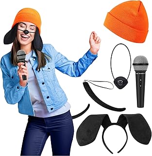5 Pieces Rapper Halloween Costume Game Dog Cosplay Set Includes Orange Beanie Microphone Ears Headband Nose and Tail for Women Men Adults Party Supplies
