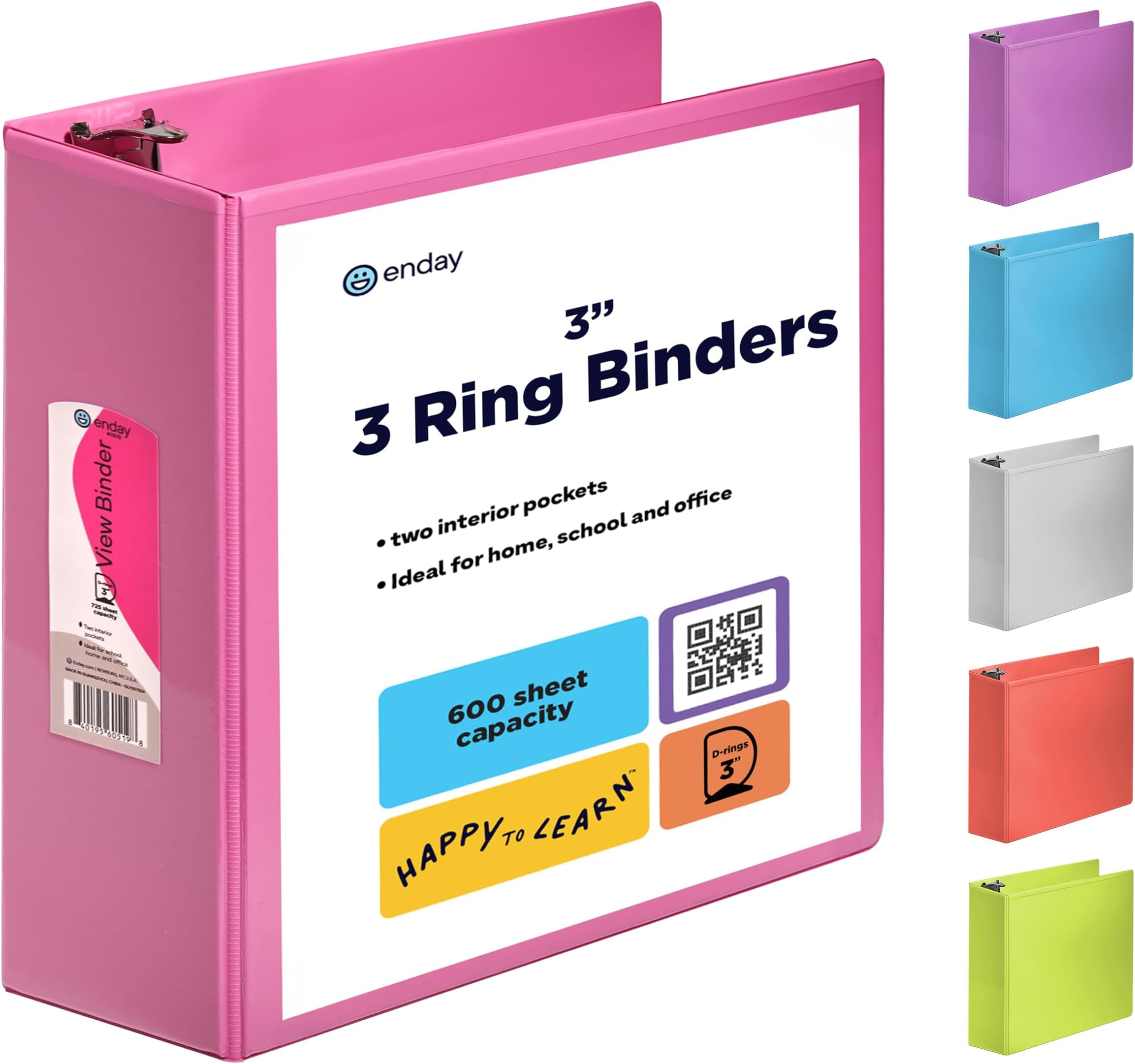 3 Inch 3 Ring Binder Pink, Slant D-Ring 3” Clear View Cover with 2 Inside Pockets, Heavy Duty Colored School Supplies Office and Home Binders – by Enday