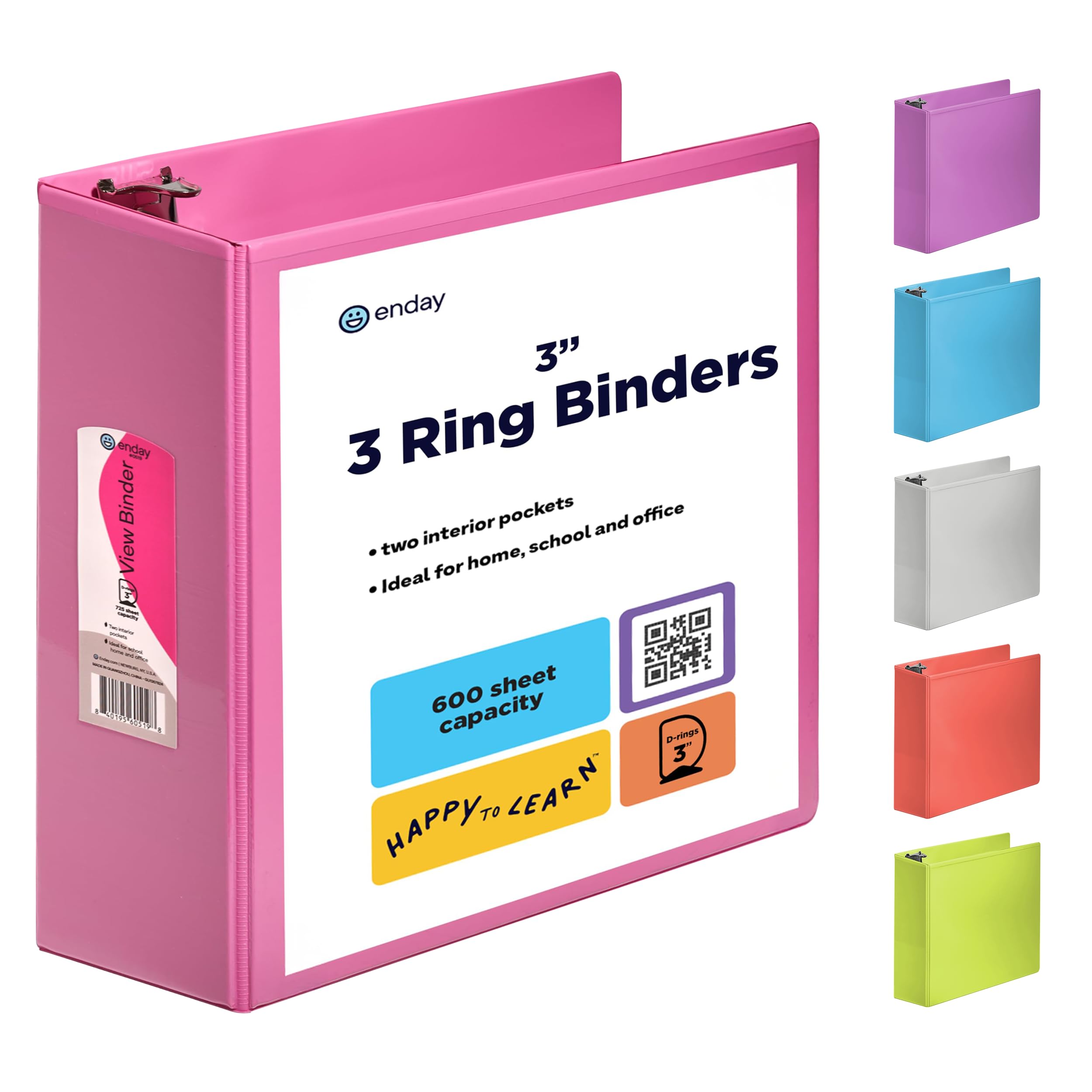 3 Inch 3 Ring Binder Pink, Slant D-Ring 3” Clear View Cover with 2 Inside Pockets, Heavy Duty Colored School Supplies Office and Home Binders – by Enday