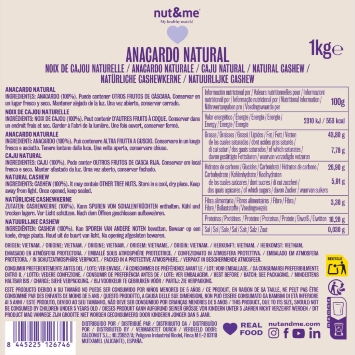 Anacardos crudos natural 1 kg nut&me | Keto | 100% natural | Sin sal | Keto | Sin aditivos | Fuente de proteínas | Fuente de fibra | Sin gluten | Vegano y vegetariano | Sin lactosa
