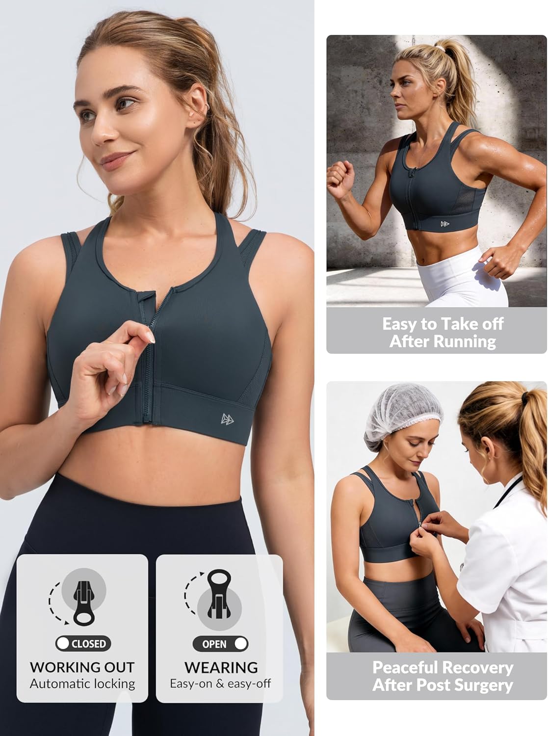 Yvette Front Closure High Support Sports Bras for Women Double Straps Plus Size Sports Bra with Sewn in Pads - Image 3