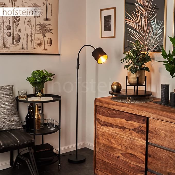 hofstein Alsen Floor Lamp, Round Metal/Fabric Floor Lamp in Black/Gold, 1-Bulb Floor Lamp, 1 x E14, Adjustable Lamp Head, with On/Off Switch on the Housing, Without Bulb photo 2